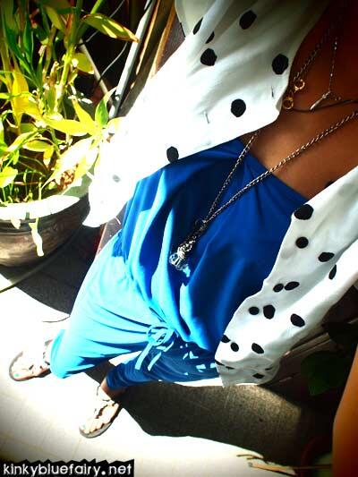 blue jumpsuit + polka dot cardi